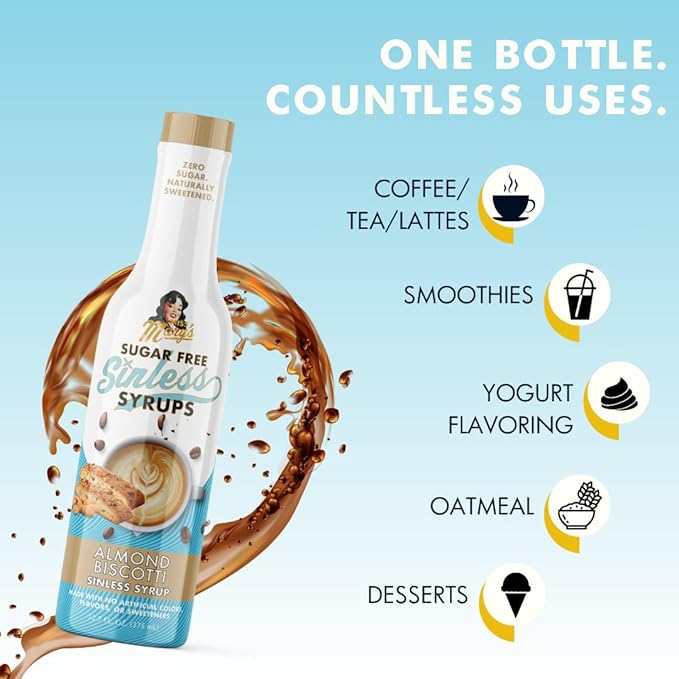 Sugar Free Almond Biscotti Syrup - Stevia Based, No Sugar Alcohols or Sucralose, No Artificial Sweeteners, Natural Ingredients, Water Enhancer, Tea, Desserts Keto Friendly, 1 Pack