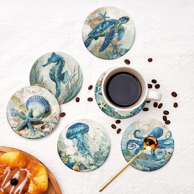 Coasters for Drink Set of 6,Vintage Marine Animal Absorbent Coasters Round Cork Bases Ceramic Coasters,Coastal Beach Coasters for Indoor/Outdoor Bar Decor,Wooden Dining Tables,Coffee Tables,4 in