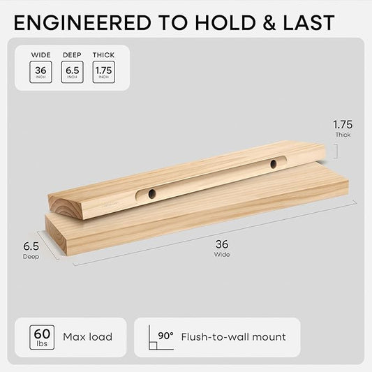 Homeforia 36 inch Natural Floating Shelf, High End Solid Real Wood 36inch Small Floating Shelves for Wall Mounted, Natural Wooden Floating Shelves, Heavy Duty Bracket, 36 X 6.5 X 1.75 in, Set of 2
