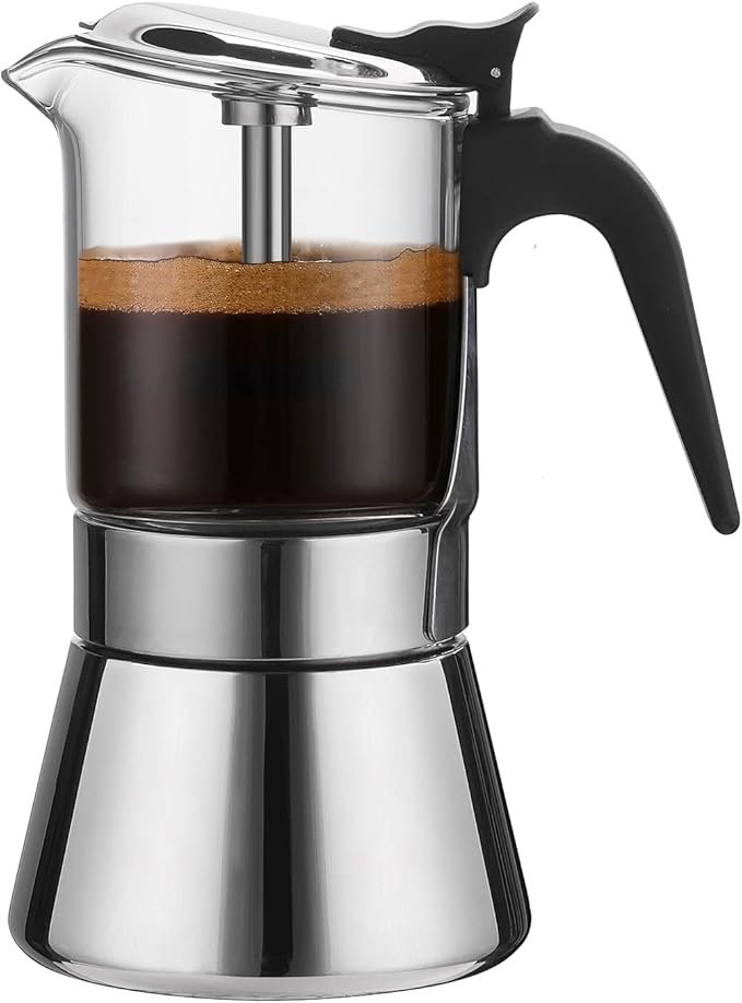 SIXAQUAE Moka Induction Stovetop Espresso Maker With Pressure valve,Crystal Glass-top & Stainless Steel Esprosso Moka Pot,240ml Classic Italian Coffee Maker