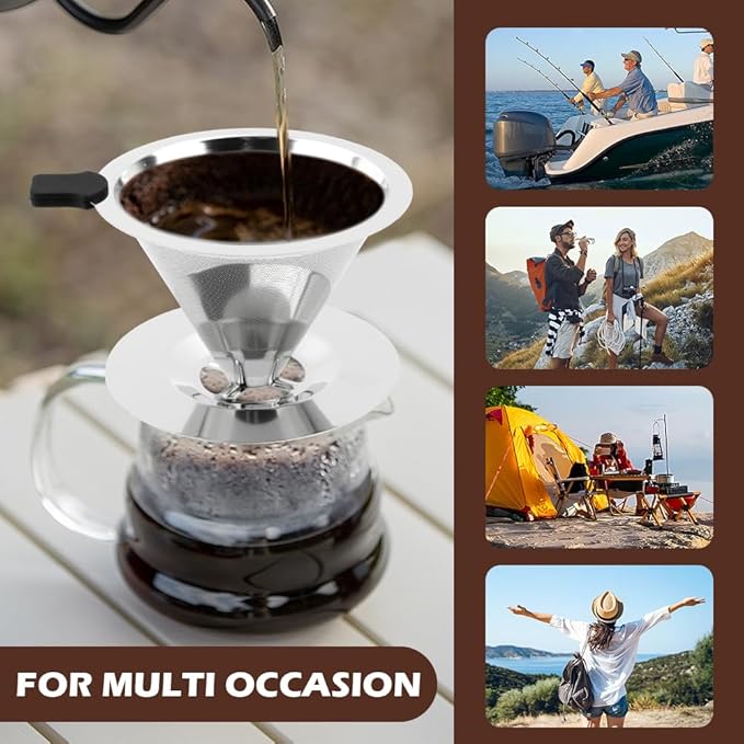 Pour Over Coffee Dripper,Upgraded Double Micro Mesh Filter With Cleaning Brush & 15g Measuring Scoop,Stainless Steel Reusable Coffee Filters Metal Cone-Filter Paperles(3-4cups)
