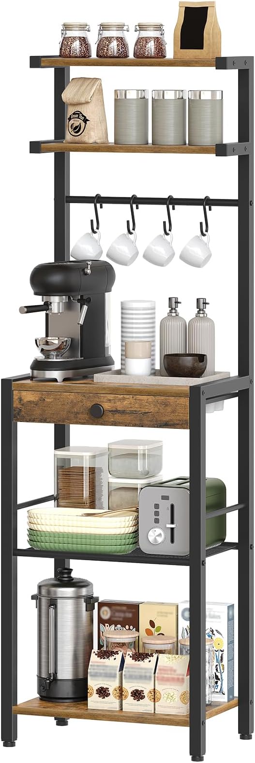 Bakers Rack, 5-Tier Coffee Bar Station, Coffee Stand with Pod Drawer Holder, Versatile Kitchen Storage Rack with 4 Hooks, for Living Room, Cafe Corner, Rustic Brown and Black KF01BRY1