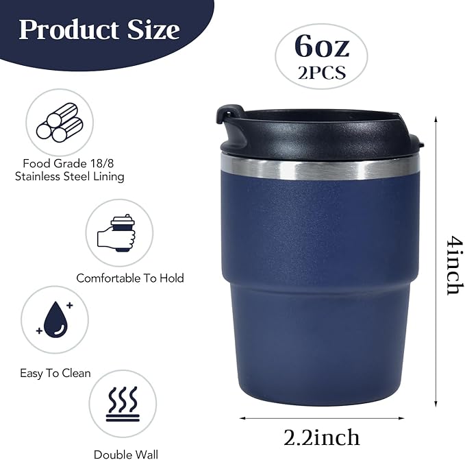 6oz Vacuum Insulated Espresso Cup Set of 2, Espresso Shot Cup for Coffee, Double Wall Stainless Steel Mini Tumbler Shot Glasses with Lid