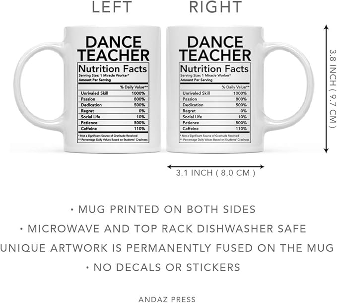 Andaz Press Funny 11oz. Ceramic Coffee Tea Mug Thank You Gift, Dance Teacher Nutritional Facts, 1-Pack Dance Teacher Mug Dance Teacher Gifts Dance Mug Teacher Mugs Dance Teacher Cup