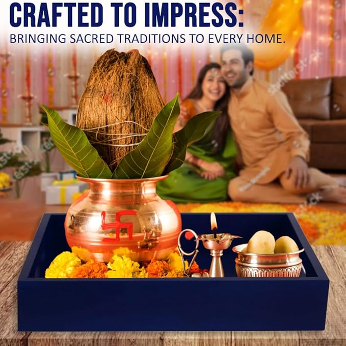 Coffee Table Tray - Decorative Trays for Home Decor - Serving Trays with Handles for Kitchen - Decor Tray - Indian Return Gift, Diwali, Pooja - 10" X 8" X 2" Size, in Blue and Brown (1, Blue)