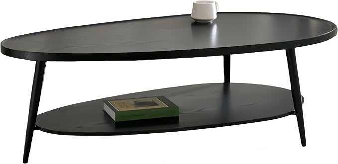 Shrine Black Oval Coffee Table, Mid-Century Modern Coffee Table, Black Walnut Wood Table for Living Room, D47''x W23.6''x H15'', Sleek Conical Metal Legs with Black Finish