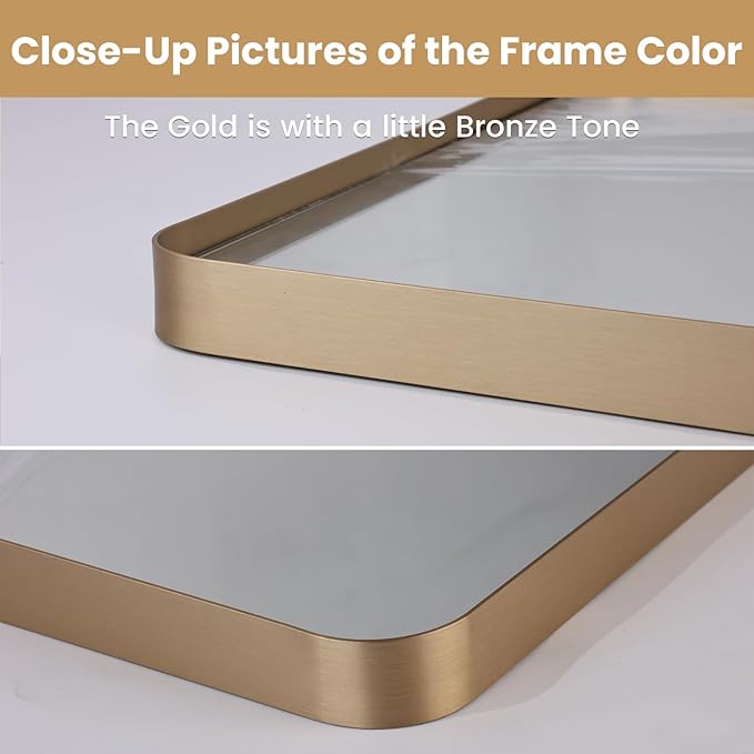 LOAAO 48”X36” Gold Bathroom Mirror, Rounded Rectangle Gold Frame Mirror, Brushed Gold Bathroom Vanity Mirror Wall-Mounted, Anti-Rust, Tempered Glass, Hangs Horizontally or Vertically