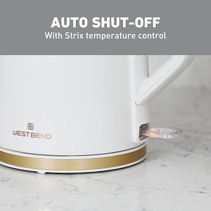 West Bend Timeless Electric Kettle Cordless Serving Features Stainless Steel Interior Boil Dry Protection and Auto Shut Off, 1.5-Liter, White/Gold
