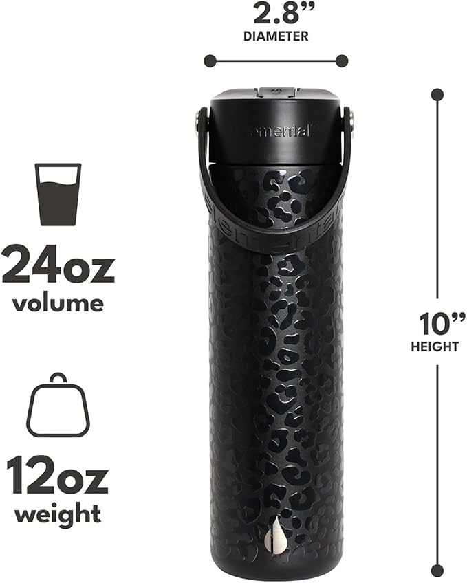 Elemental 24oz Insulated Water Bottle with Straw - 100% Leak-Proof Stainless Steel Core Water Bottles for Travel, Sports and Gym - Double Wall Insulation & BPA Free - Black Leopard