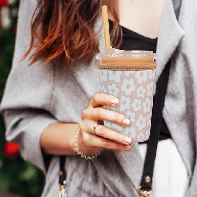 Reusable Insulated Neoprene Iced Coffee Cup Sleeve, Durable Drink Sleeve for Cold Beverages, Beverage Holder for Iced Coffee, Creamy Florals