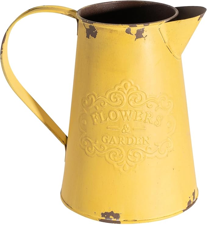 APSOONSELL Yellow Metal Flower Vase Vintage Jug Pitcher Shabby Chic Decor Rustic Farmhouse Kitchen Decor for Home