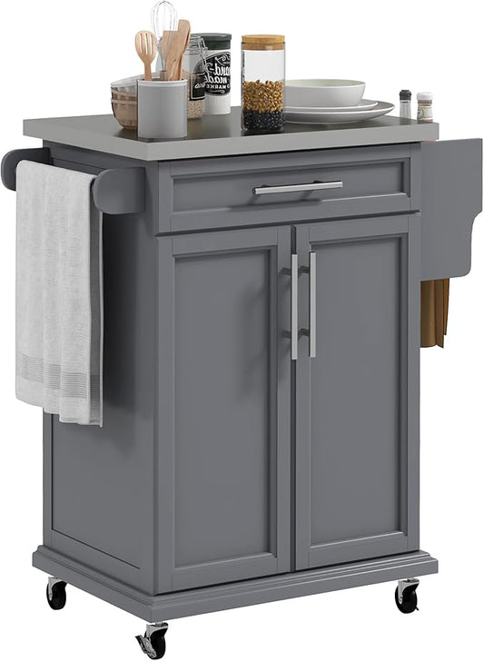 HOMCOM Kitchen Island on Wheels, Rolling Kitchen Cart with Stainless Steel Countertop, Drawer, Towel Rack and Spice Rack, Utility Storage Trolley, Gray