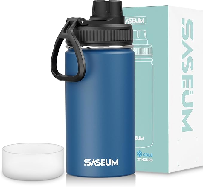 SASEUM Kids Sport Water Bottle 12oz Stainless Steel Double Wall Vacuum Thermal Mug with Leak Proof Spout Lids, Wide Mouth Metal Insulated Water Jug for Gym and Travel（Navy）