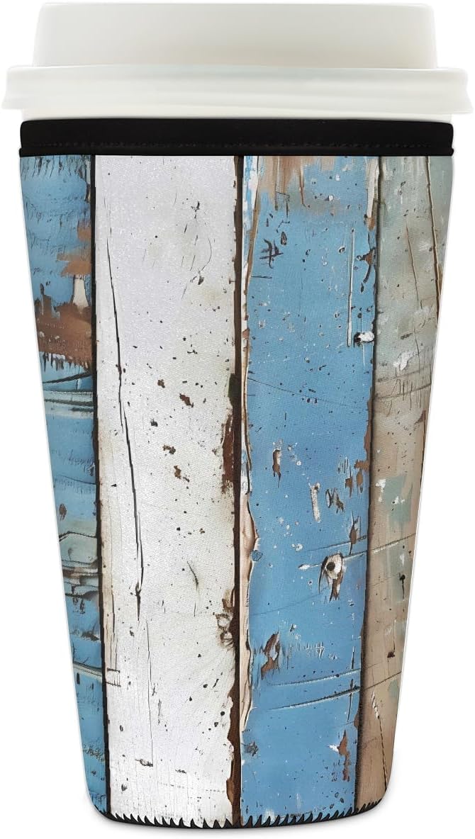 Rustic Beach Wooden Iced Coffee Sleeve for Cold Drink Cups, Reusable Neoprene Insulated Drink Sleeves Cup Cover for Beverages, Fits 32 oz