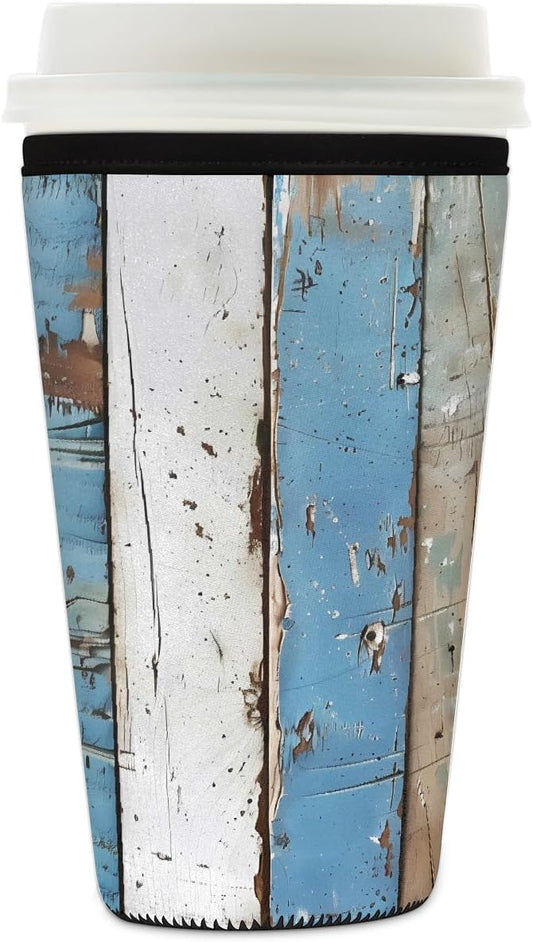 Rustic Beach Wooden Iced Coffee Sleeve for Cold Drink Cups, Reusable Neoprene Insulated Drink Sleeves Cup Cover for Beverages, Fits 32 oz