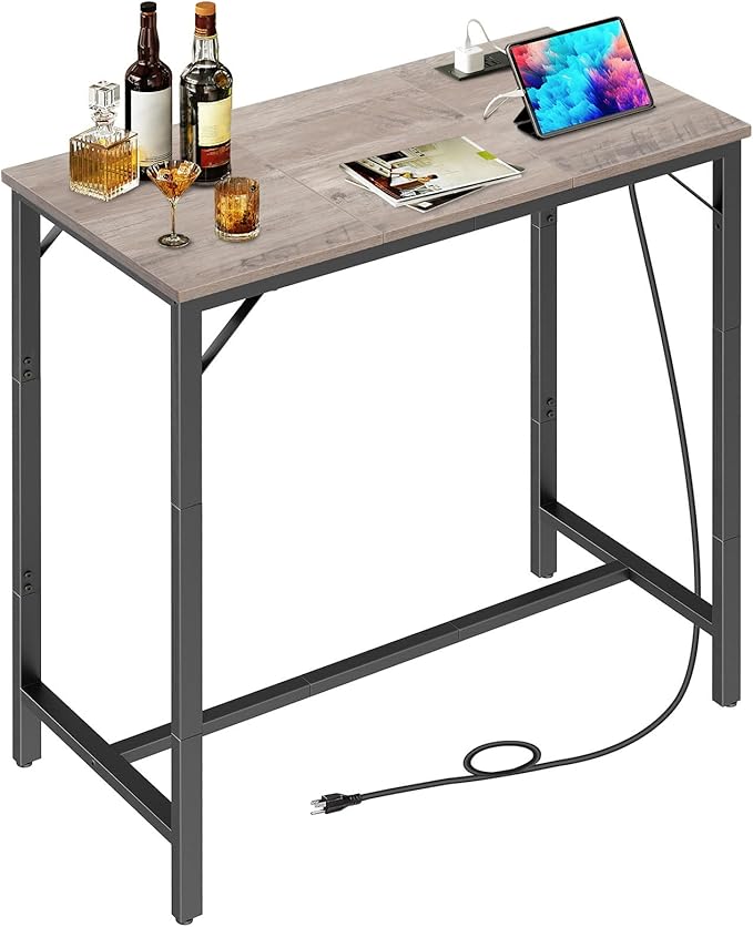 HOOBRO Bar Table with Charging Station, Rectangular Pub Table, High Top Coffee Table, Counter Bar Height Table, Narrow Long Dining Table, 35.4" L x 15.7" W x 35.6" H, Greige BG90UBT01