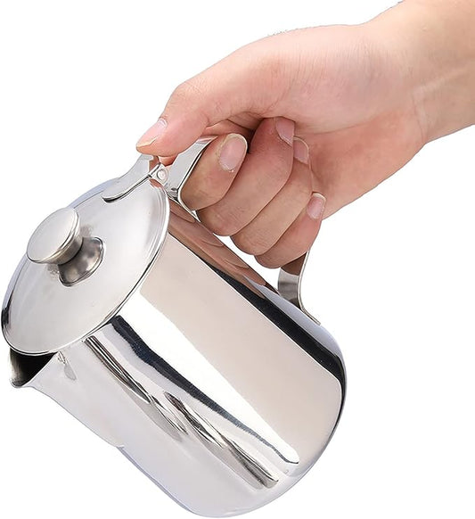 Coffee Frothing Pitcher With Lid, Stainless Steel Milk Frother Cup, Mutifunctional Milk Jug Cup, Coffee Steaming Pitcher With Handle , For Latte Art And Frothing Milk(350Ml)