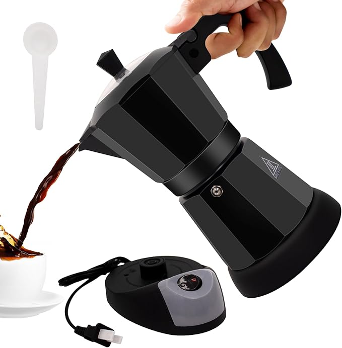 Vaolvpant Electric Aluminum Moka Pot 5-6 Cup 270ml Espresso Maker with Detachable Base Ideal Coffee Makers for Home MochaPot Italian and Cuban Café Coffeemaker Espressomaker CoffeePot Black