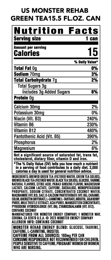 Monster Energy Rehab Green Tea + Energy, Energy Drink 15.5 Ounce | Energy Iced Tea, Pack of 15