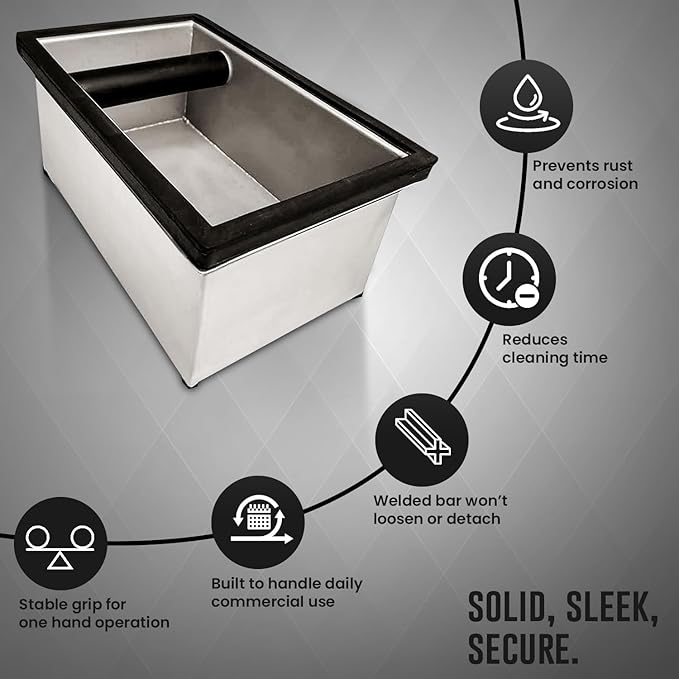 Rattleware Stainless Steel Heavy-Duty Knock Box Chute – Durable Espresso Puck Disposal Bin with Welded Rubber Bar – Fits Coffee Stations, Café, Restaurant, Hotel, or Home Use (9.25"x5.5"x4")