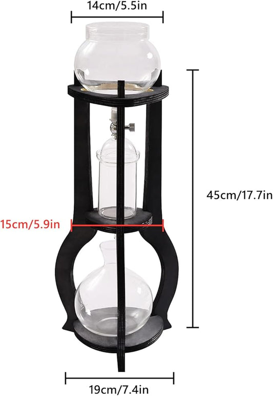 6-8 Cup Iced Coffee Cold Brew Drip Tower – 600ml Retro Hand-Blown Glass & Wood Coffee Maker, 3-5H Quick Extraction with Stainless Steel Filter (Grey)