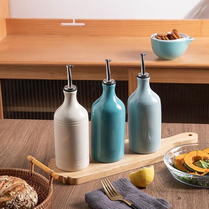 Sweejar Ceramic Olive Oil Dispenser Bottle, Opaque Oil Cruet Protects to Reduce Oxidation, Suitable for Storage Vinegar, Coffee Syrups & Other Liquids, Pack of 1, 15.5 Fl Oz(Light Blue)