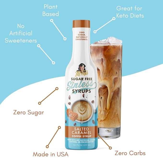 Sugar Free Salted Caramel Coffee Syrup - Stevia Based, No Sugar Alcohols or Sucralose, No Artificial Sweeteners, Natural Ingredients, Coffee Tea Cocoa Dessert, Keto Friendly, 1 Pack