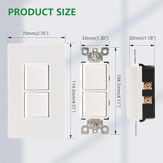 Wengart Double Rocker Combination Decorator Switch, 2-in-1 Space-Saving Wall Switch, 15A 120V, Screwless Wall Plate, Single Pole, UL Listed, White