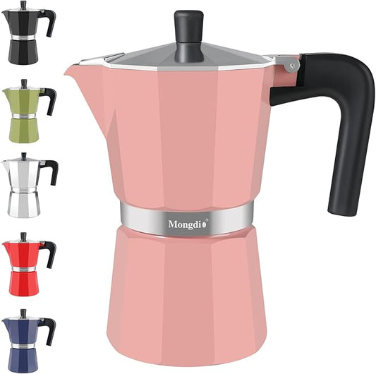Mongdio Stovetop Espresso Maker Moka Pot, Stove Top Cuban Coffee Maker, Italian Greca Mocha Pot, 9 Espresso Cups, 15 oz - Pink