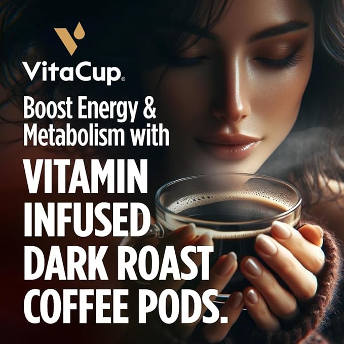 VitaCup Energy Dark Roast Coffee Pods, Boost Focus & Metabolism, Antioxidants, B Vitamins, Bold & Smooth,100% Arabica Coffee, Single Serve Pod Compatible with Keurig K-Cup Brewers,32 Ct