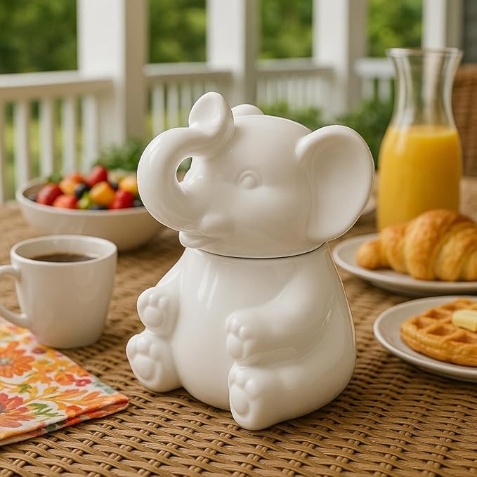 HIC Kitchen Elephant Sugar Bowl And Creamer With Handle, Fine Porcelain, For Serving Sugar, Milk, Cream, Syrup, And Sauces, 3-Piece Set
