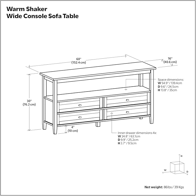 SIMPLIHOME Warm Shaker Wide Console Table - 60 Inch Wide Solid Wood Sofa Table in Light Golden Brown, Transitional Storage Table for Living Room with 4 Drawers, Open Shelf, and Brushed Nickel Knobs