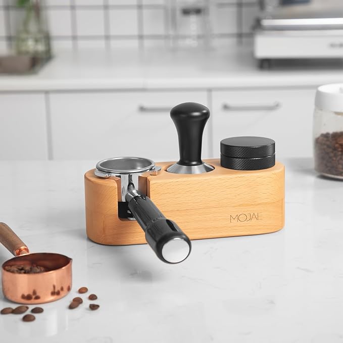 MOJAE Espresso Tamping Station, Tamper Station, Wooden Coffee Tamper holder, Portafilter Holder with Anti Slip Bottom, 3 Holes for Coffee Tamper,Distributor and Portafilter(Beech, 58mm)