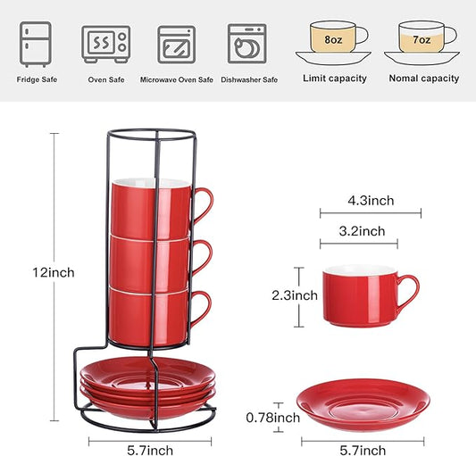 Meichu 8oz Porcelain Stackable Cappuccino Cups with Saucers and Metal Stand Set of 4, Cappuccino Cups Set of 4, Red Coffee Cups for Espresso, Specialty Coffee Drinks, Latte, Americano and Tea