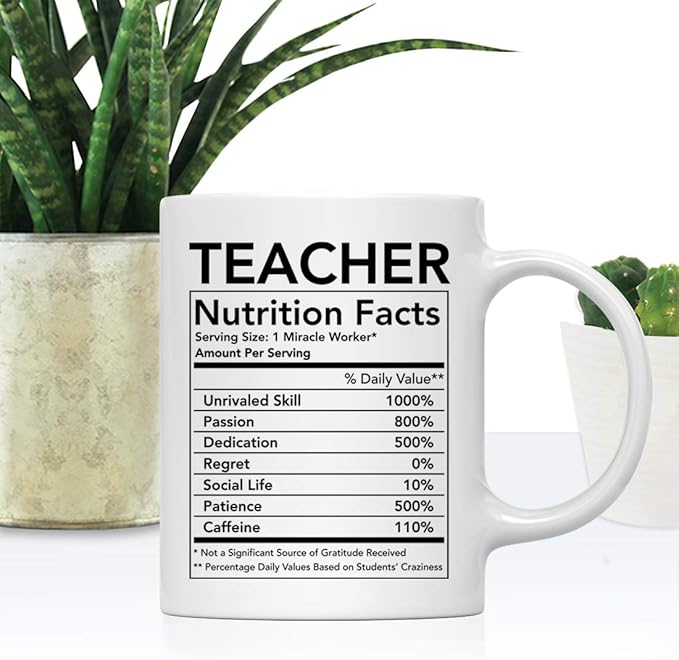 Andaz Press Funny 11oz. Ceramic Coffee Tea Mug Thank You Gift, Teacher Nutritional Facts, 1-Pack, Novelty Gag Birthday Christmas Gift Ideas Coworker