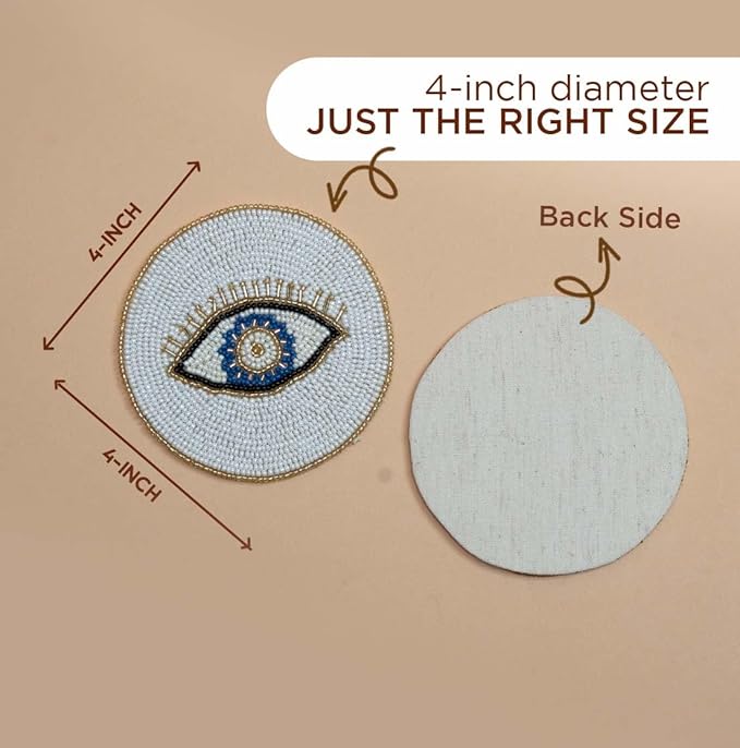 Folkulture Hand-Crafted Evil Eye 2.0 Beaded Coasters Set of 4 | Handmade Boho Drink Coasters for Coffee Table & Bar | Decorative Round Bead Coasters for Cocktails & Wine | New Year & Valentine Gift