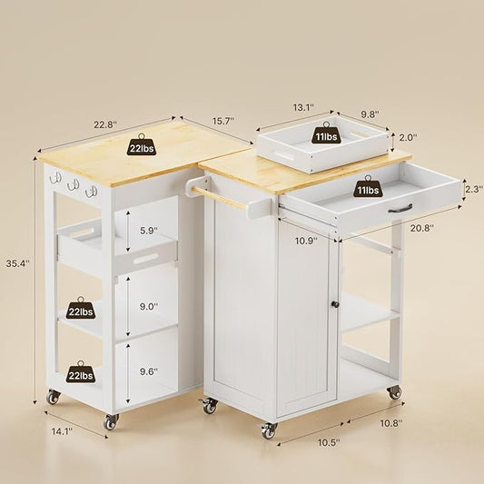 Gizoon Kitchen Island Cart with Removable Tray, 27.6''W Rolling Utility Trolley Cart with Drawer, Cabinet, Towel Rack, Hooks and 3 Open Storage Shelves, Mobile Storage Cart for Dining Room, Bar, White