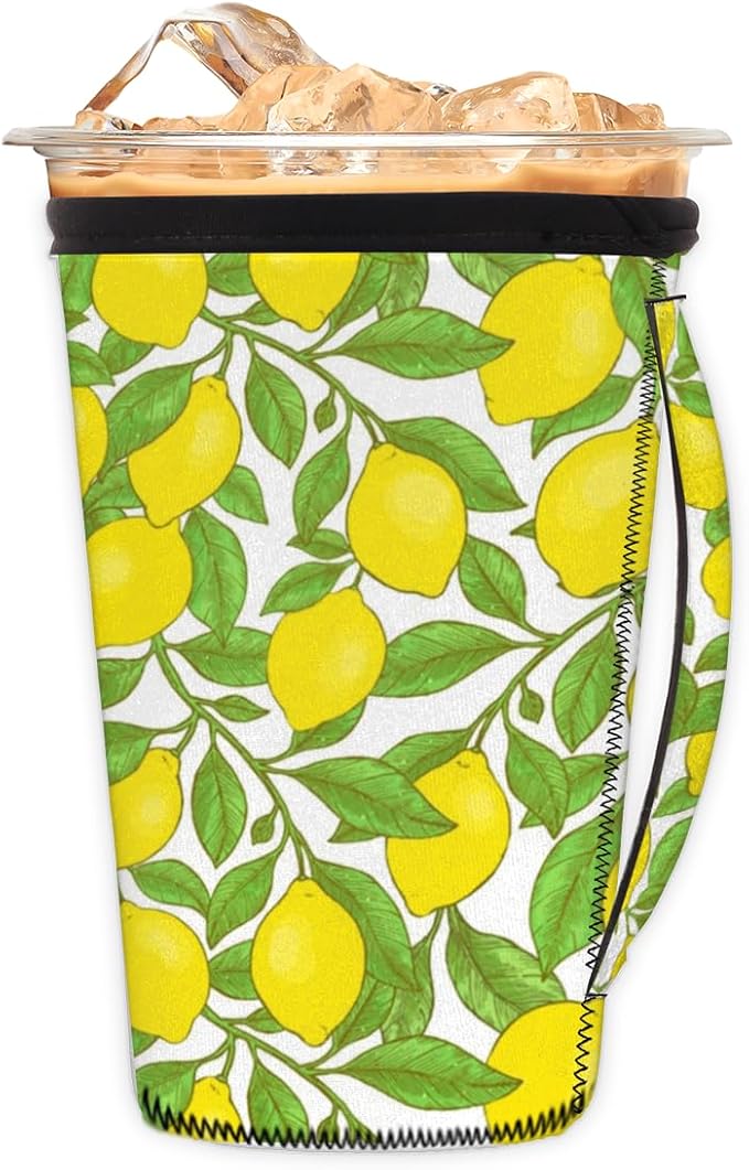 Lemon Reusable Insulator Coffee Sleeves for Drinks Beverages, Neoprene Holder with Handle for Most Coffee or Ice Drink, 24-28oz