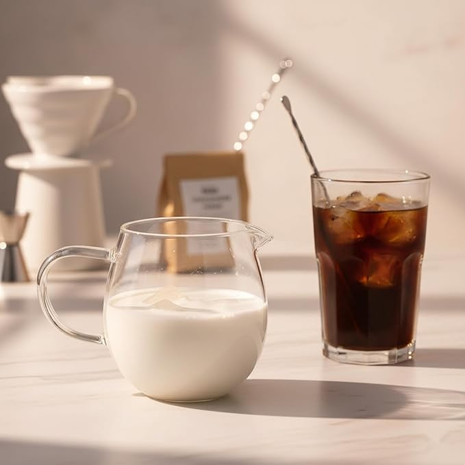 I-MART Small Glass Pitcher 13.5 Ounce Clear Creamer Pitcher with Handle and Spout for Milk Frothing Cold Foam Coffee Bar Espresso Accessories and Daily Pouring