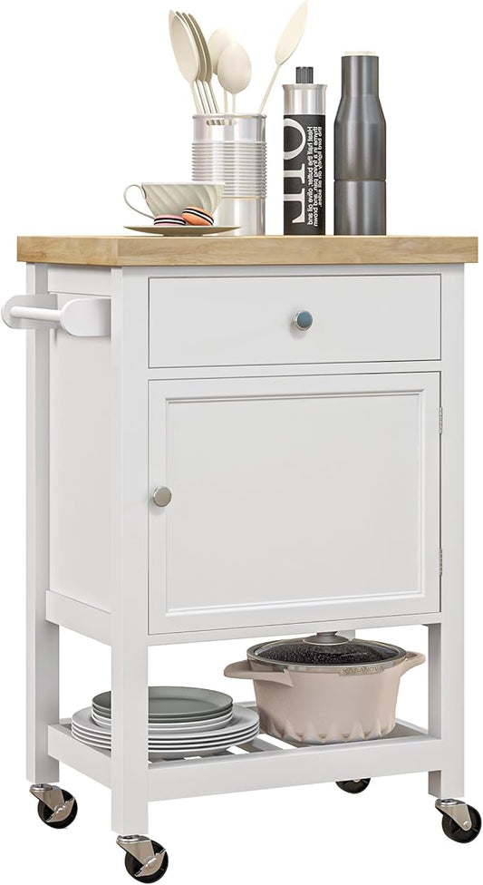 HOMCOM Utility Kitchen Cart, Rolling Kitchen Island with Smooth Rubberwood Top, Narrow Butcher Block Surface on Wheels with Storage Drawer & Cabinet, White