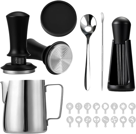 51mm Espresso Tamper Kit - 22 Pcs Barista Tools Set with Espresso Press Tool, Coffee Tamper, Milk Jug, Mat, Stencil & More for Professional Coffee Making