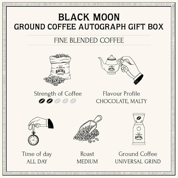 Bacha Coffee | Black Moon Fine Blended, Ground Beans, Medium Roast, 100% Arabica Specialty Coffee, 250g Autograph Collection, Gift Box