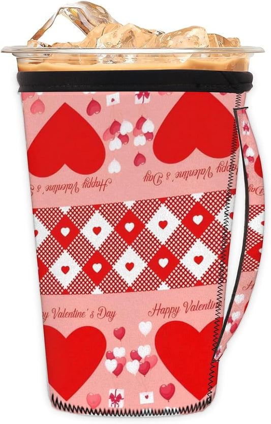 Red Love Heart Reusable Coffee Sleeves Iced Coffee Cozy Insulator,Valentine's Day Neoprene Holder with Handle for Cold Coffee or Ice Drink, Medium 24-28oz