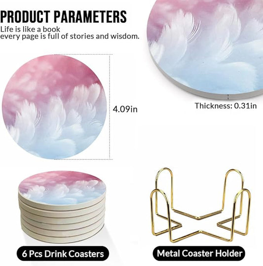 Ceramic Coasters Set of 6, Marble-Textured Design with Holder - Absorbent Cork-Backed Coasters for Cups, Bar & Coffee Table Decor Accessories (White Plume, 6 Pack)