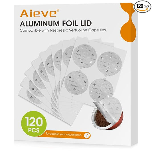 Aieve 120Pcs Aluminum Foil Seals Lid for Reusable Nespresso Pods Vertuo Compatible with Nespresso Refillable Capsule