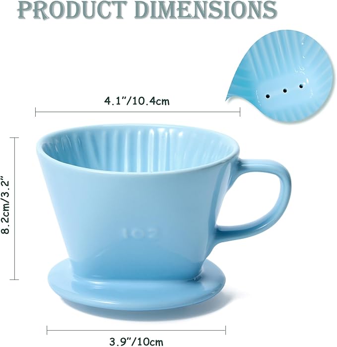 Pour Over Coffee Dripper, Ceramic Pour Over Coffee Maker with 3 Holes Flat Bottom, Easy Manual Brew Maker, Porcelain Slow Filter Cone for Travel, Camping, Office, Home, Blue