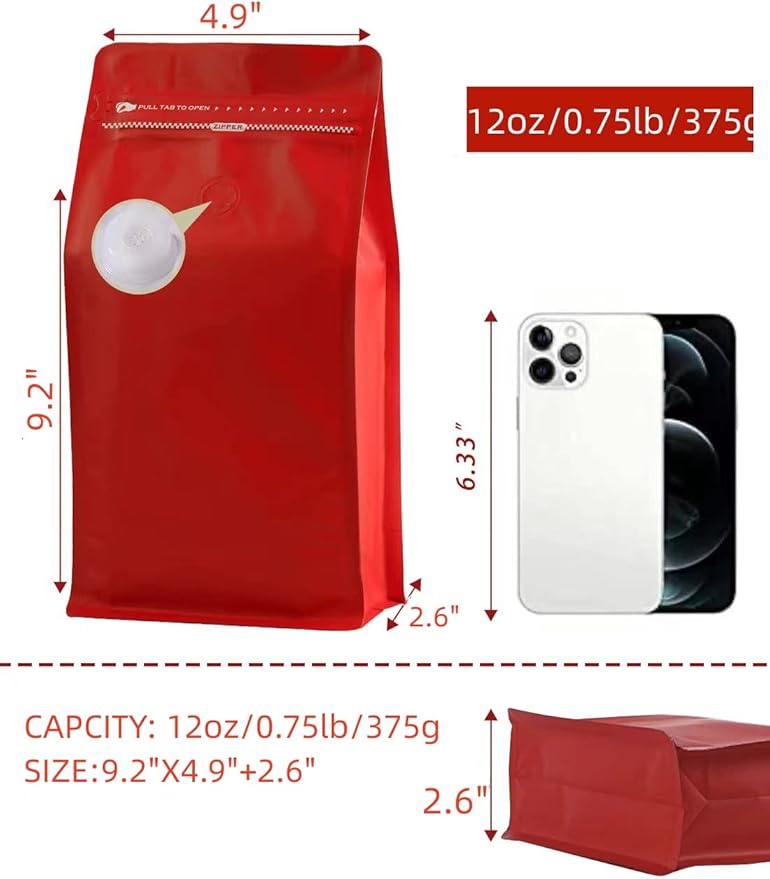 DMPACKDM Coffee Bags with Valve(12 oz,3/4 lb,100pcs) Red High Barrier Aluminumed Foil Flat Bottom Heat Sealed Coffee Beans Packaging Bags Side Zipper Resealable Bags for Home or Business