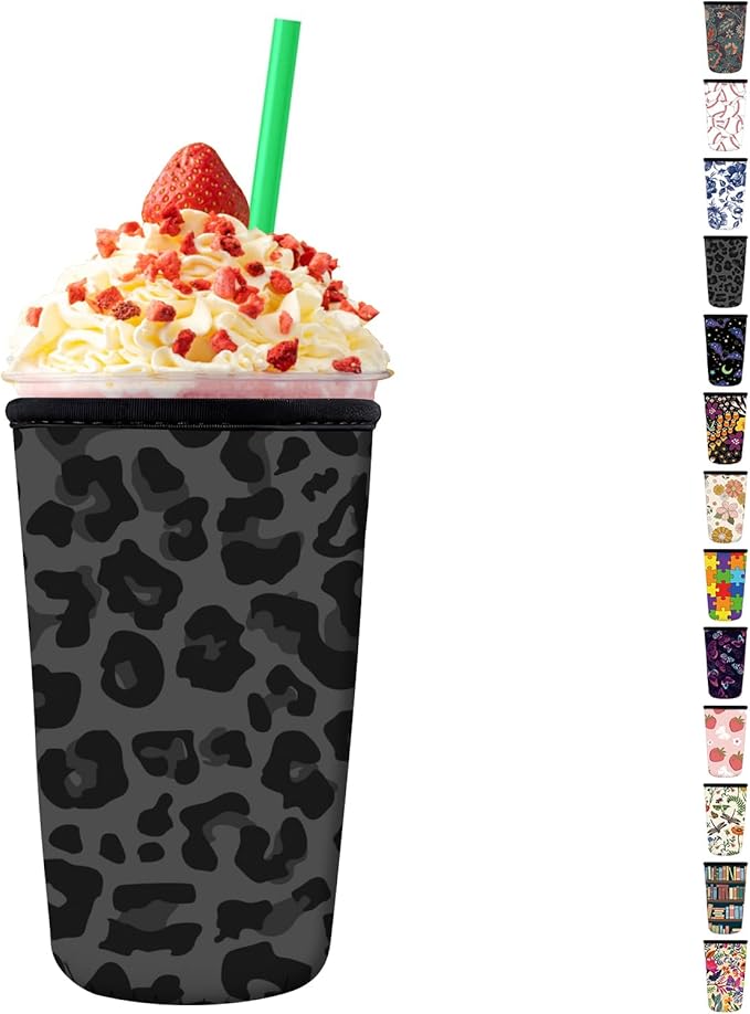 Reusable Neoprene Insulator Sleeve for Iced Coffee Cups, Medium 22-28oz Durable Drink Sleeve for Cold Beverages, Cute Beverage Holder Cup Sleeve for Women Men Cute Black Leopard