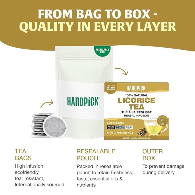 HANDPICK, Licorice Root Tea Bags (50 Count, 2g/tea bag) Licorice Tea | Non-GMO, Caffeine Free | Goodness of Cinnamon, Blackpepper, Clove, Cardamom & Ginger