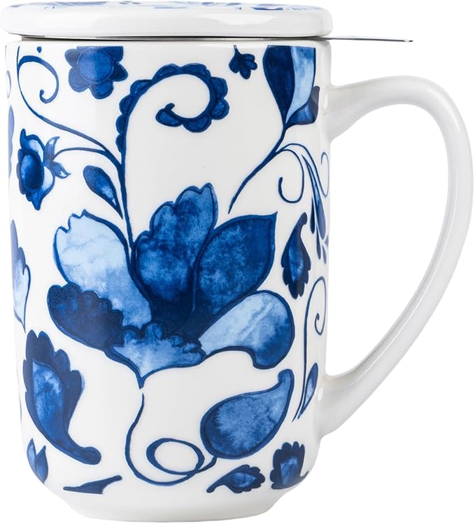 GBhome Tea Mug with Infuser and Lid, 18 Ounce Large Ceramic Loose Leaf Cup, Microwave, Dishwasher Safe